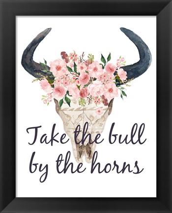 Framed Pink Floral Bull Skull Print