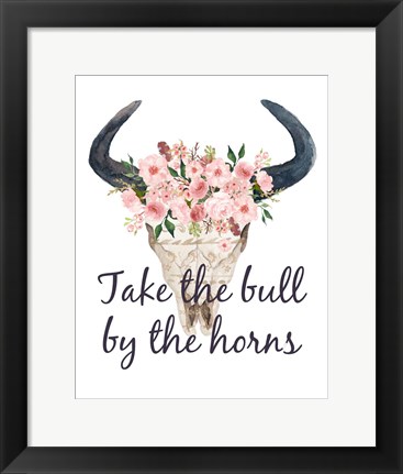 Framed Pink Floral Bull Skull Print