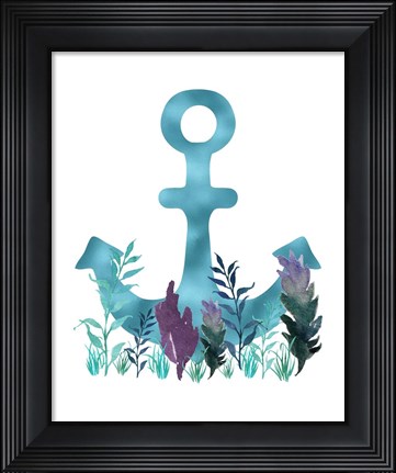 Framed Teal Florals Blue Anchor Print