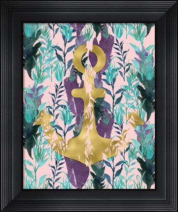 Framed Teal Florals Gold Anchor Print