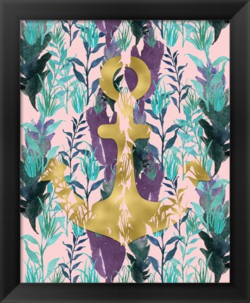 Framed Teal Florals Gold Anchor Print