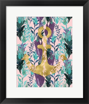 Framed Teal Florals Gold Anchor Print