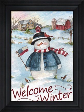 Framed Snowman Farm Scene Welcome Winter Print
