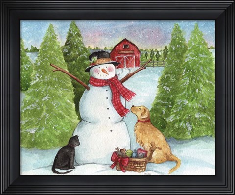Framed Snowman Dog And Cat Farm Horizontal Print