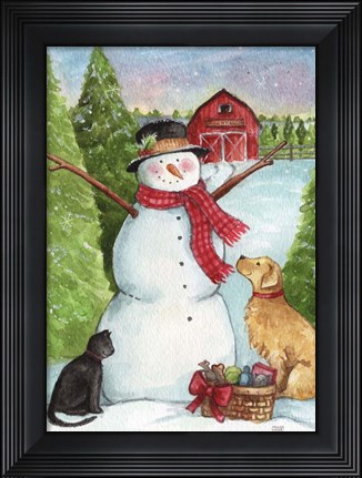 Framed Snowman Farm With Dog And Cat Print