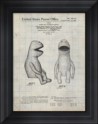 Framed Puppet Doll Patent - Antique Grid Parchment Print