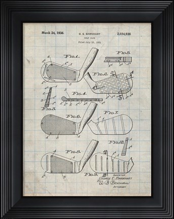Framed Golf Club Patent - Antique Grid Parchment Print