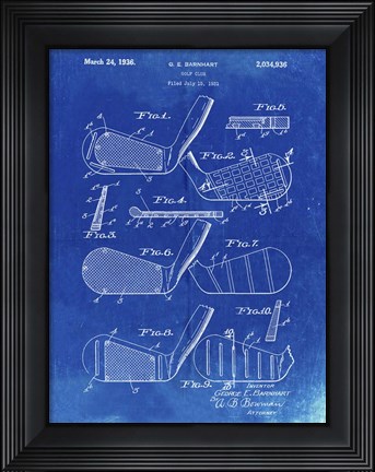 Framed Golf Club Patent - Faded Blueprint Print