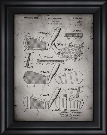Framed Golf Club Patent - Faded Grey Print