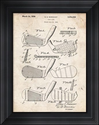 Framed Golf Club Patent - Vintage Parchment Print