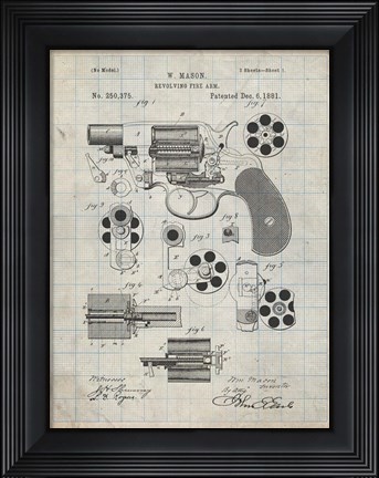 Framed Revolving Fire Arm Patent - Antique Grid Parchment Print
