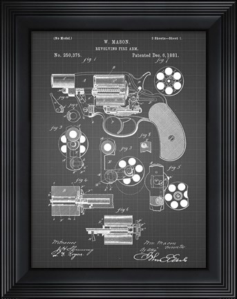 Framed Revolving Fire Arm Patent - Black Grid Print