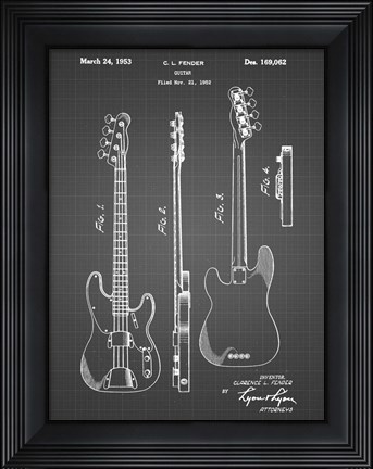 Framed Guitar Patent - Black Grid Print