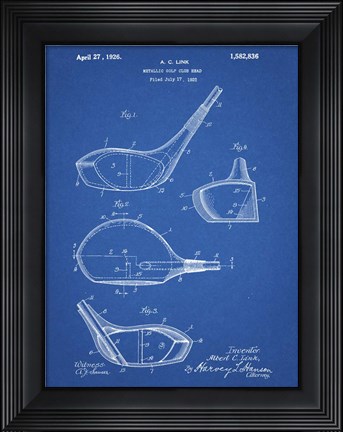 Framed Metallic Golf Club Head Patent - Blueprint Print