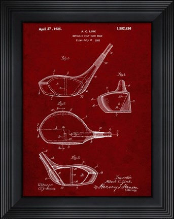 Framed Metallic Golf Club Head Patent - Burgundy Print