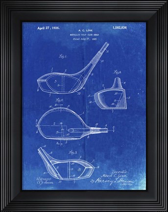 Framed Metallic Golf Club Head Patent - Faded Blueprint Print