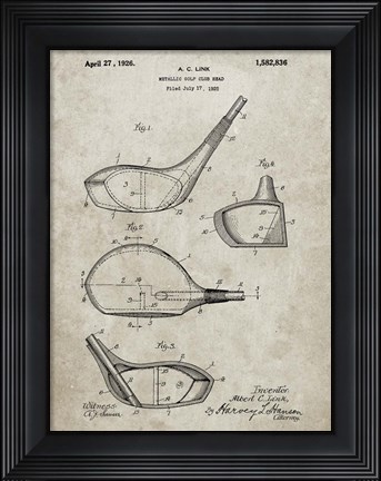 Framed Metallic Golf Club Head Patent - Sandstone Print