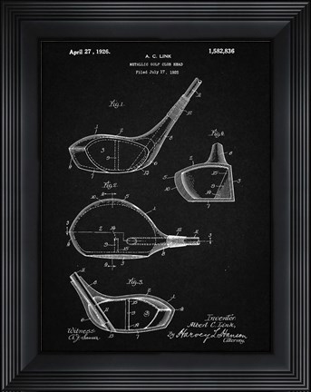 Framed Metallic Golf Club Head Patent - Vintage Black Print