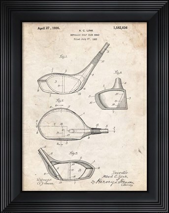 Framed Metallic Golf Club Head Patent - Vintage Parchment Print