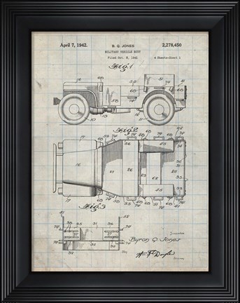 Framed Military Vehicle Body Patent - Antique Grid Parchment Print