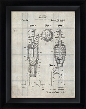 Framed Explosive Missile Patent - Antique Grid Parchment Print