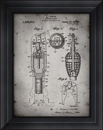 Framed Explosive Missile Patent - Faded Grey Print