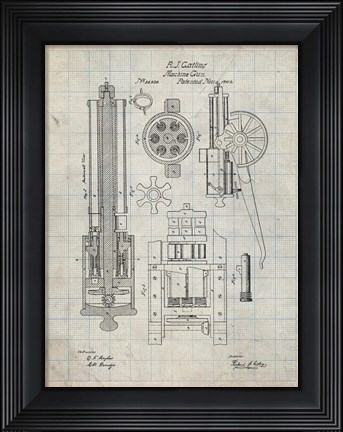 Framed Machine Gun Patent - Antique Grid Parchment Print