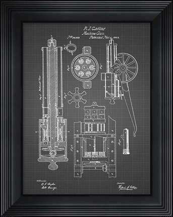 Framed Machine Gun Patent - Black Grid Print