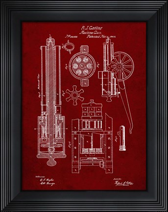 Framed Machine Gun Patent - Burgundy Print