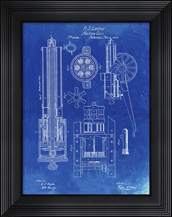 Framed Machine Gun Patent - Faded Blueprint Print