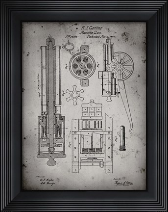 Framed Machine Gun Patent - Faded Grey Print