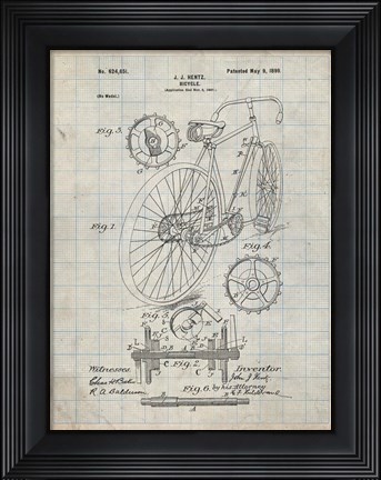 Framed Bicycle Patent - Antique Grid Parchment Print