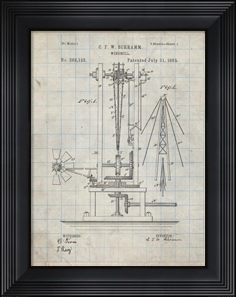 Framed Windmill Patent - Antique Grid Parchment Print