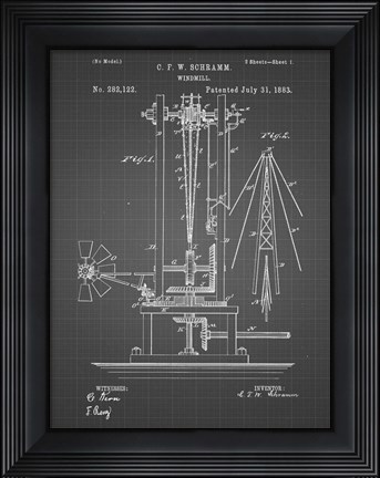 Framed Windmill Patent - Black Grid Print