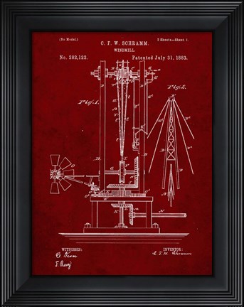 Framed Windmill Patent - Burgundy Print