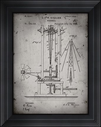 Framed Windmill Patent - Faded Grey Print