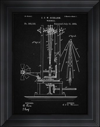 Framed Windmill Patent - Vintage Black Print