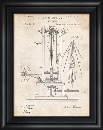 Framed Windmill Patent - Vintage Parchment Print