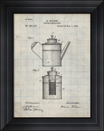 Framed Coffee Percolator Patent - Antique Grid Parchment Print