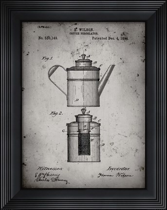 Framed Coffee Percolator Patent - Faded Grey Print