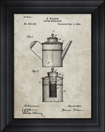 Framed Coffee Percolator Patent - Sandstone Print