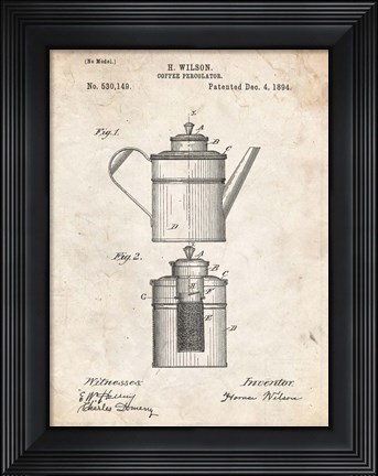 Framed Coffee Percolator Patent - Vintage Parchment Print