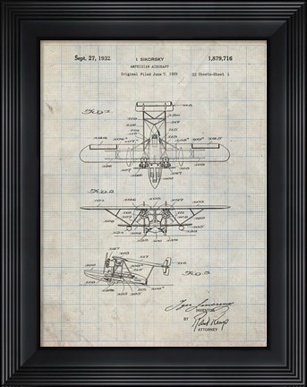 Framed Amphibian Aircraft Patent - Antique Grid Parchment Print