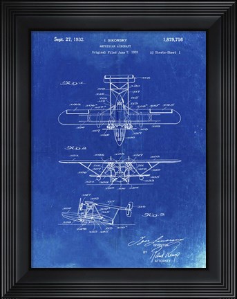 Framed Amphibian Aircraft Patent - Faded Blueprint Print