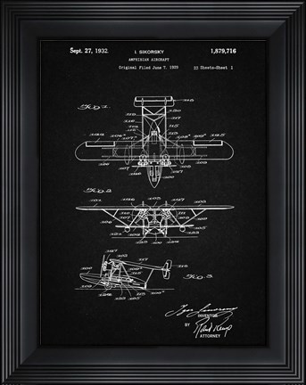Framed Amphibian Aircraft Patent - Vintage Black Print