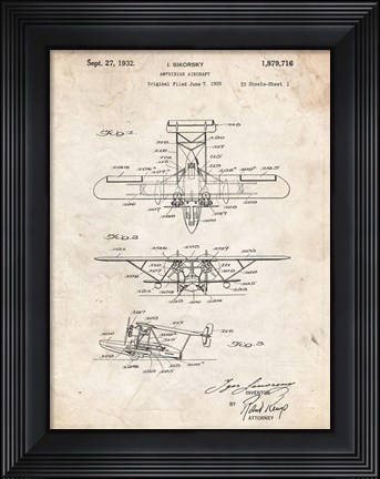 Framed Amphibian Aircraft Patent - Vintage Parchment Print