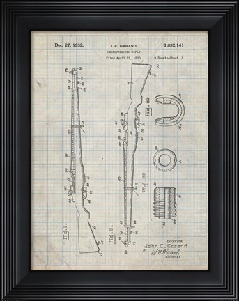 Framed Semi-Automatic Rifle Patent - Antique Grid Parchment Print