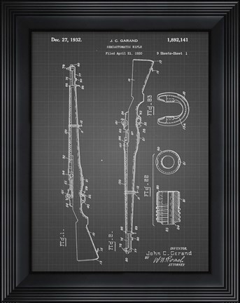 Framed Semi-Automatic Rifle Patent - Black Grid Print