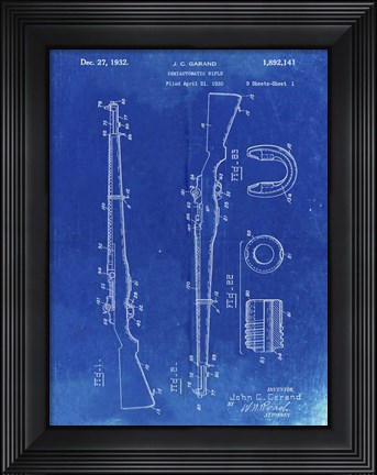Framed Semi-Automatic Rifle Patent - Faded Blueprint Print
