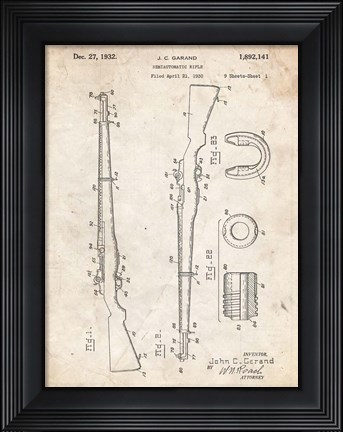 Framed Semi-Automatic Rifle Patent - Vintage Parchment Print